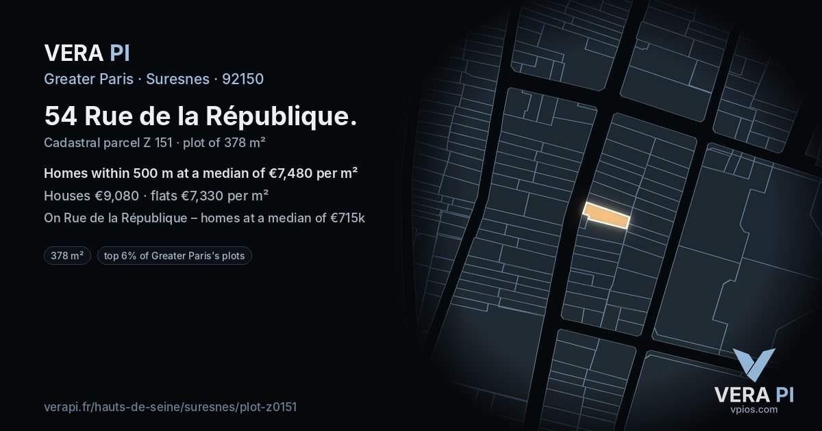 54 Rue de la République, Suresnes at night – the plot lit, the parcels around coloured by the prices near them