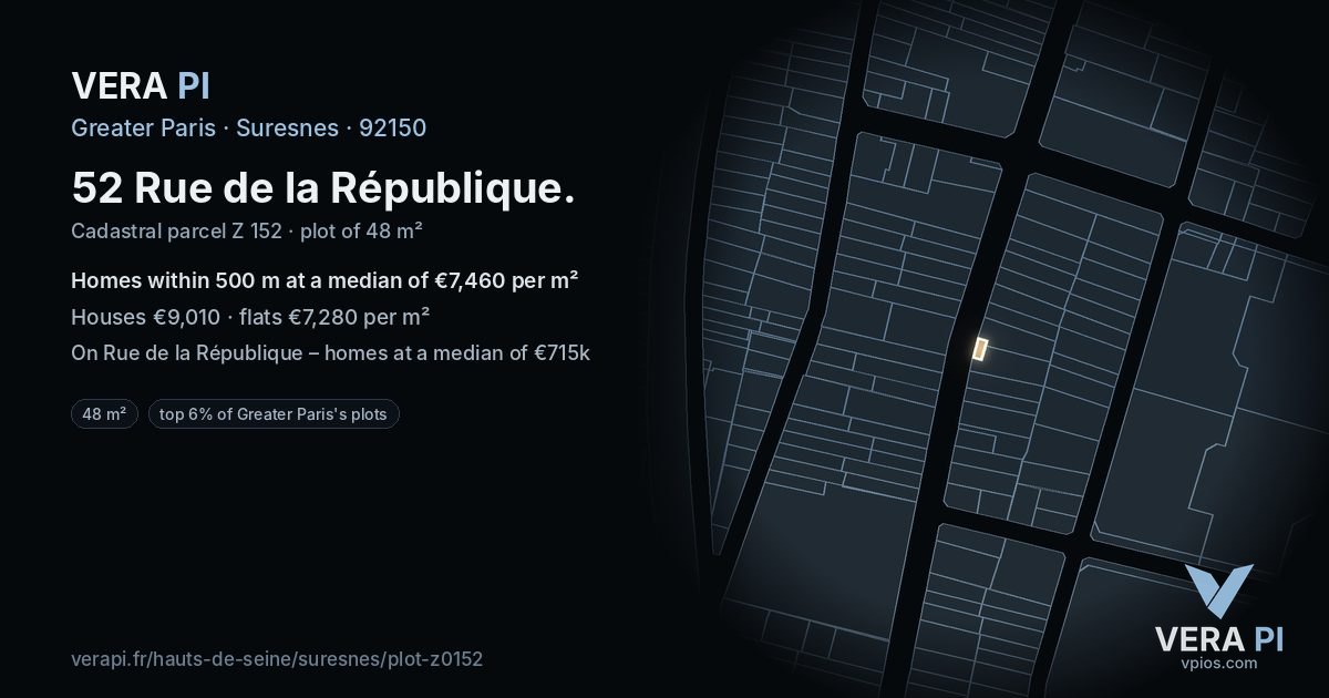 52 Rue de la République, Suresnes at night – the plot lit, the parcels around coloured by the prices near them