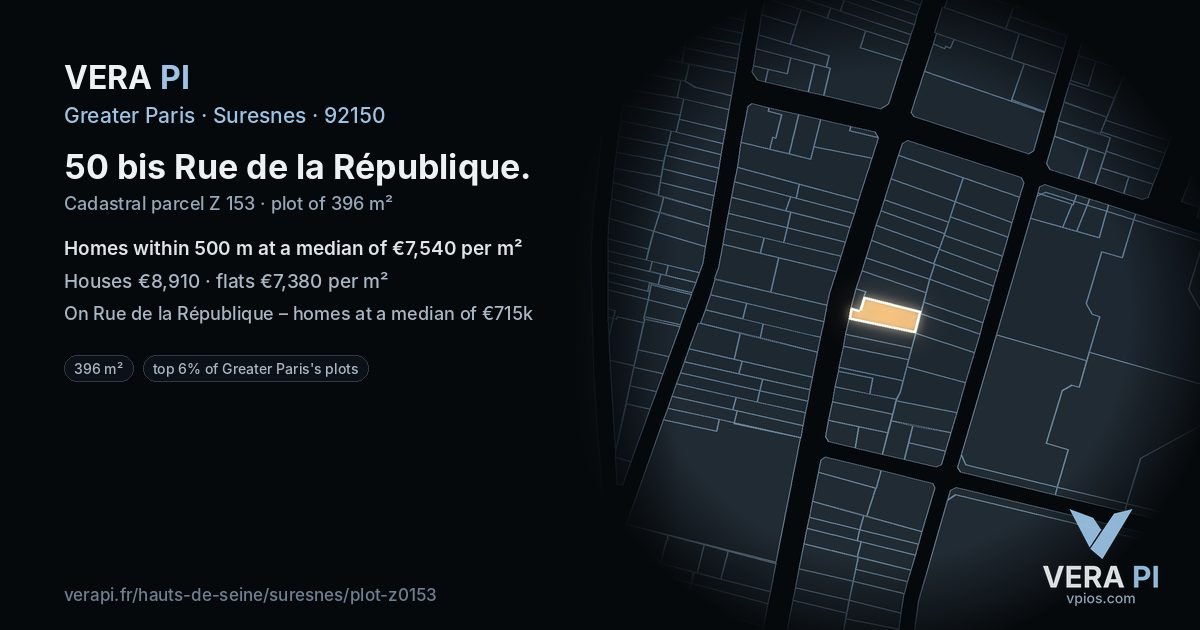 50 bis Rue de la République, Suresnes at night – the plot lit, the parcels around coloured by the prices near them