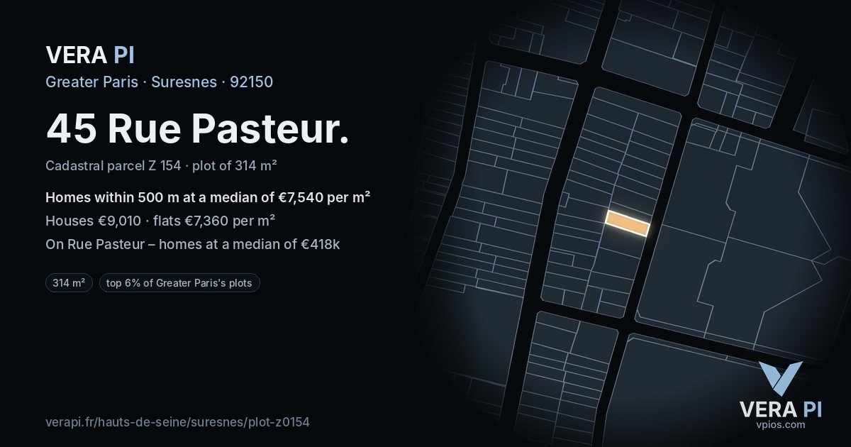 45 Rue Pasteur, Suresnes at night – the plot lit, the parcels around coloured by the prices near them