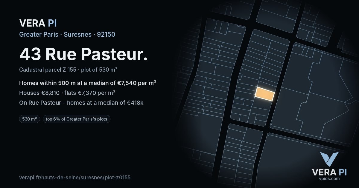 43 Rue Pasteur, Suresnes at night – the plot lit, the parcels around coloured by the prices near them