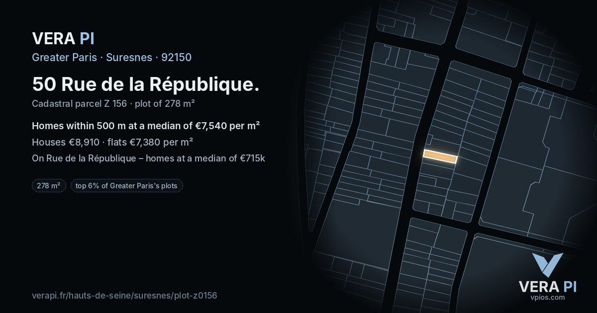 50 Rue de la République, Suresnes at night – the plot lit, the parcels around coloured by the prices near them