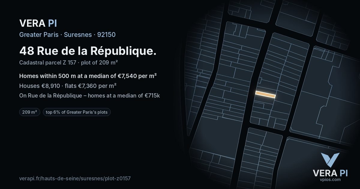 48 Rue de la République, Suresnes at night – the plot lit, the parcels around coloured by the prices near them