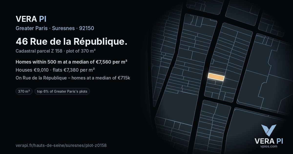 46 Rue de la République, Suresnes at night – the plot lit, the parcels around coloured by the prices near them