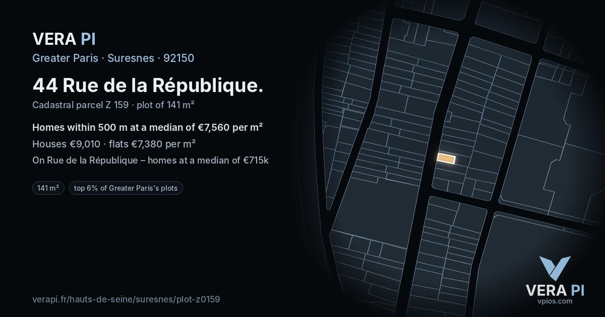 44 Rue de la République, Suresnes at night – the plot lit, the parcels around coloured by the prices near them