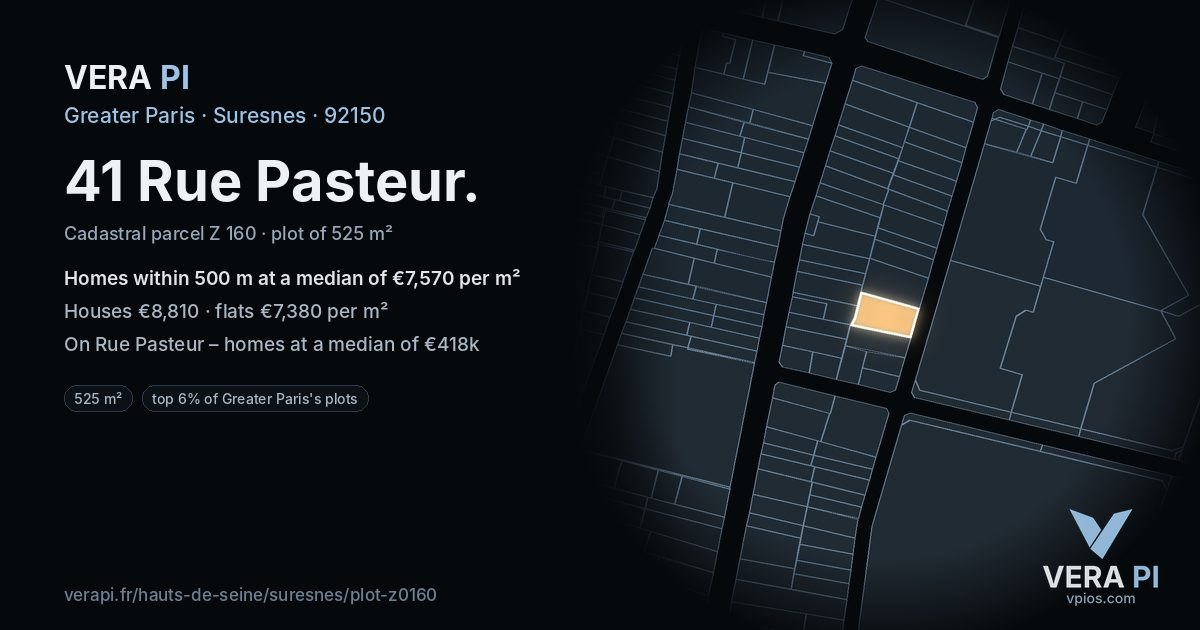 41 Rue Pasteur, Suresnes at night – the plot lit, the parcels around coloured by the prices near them