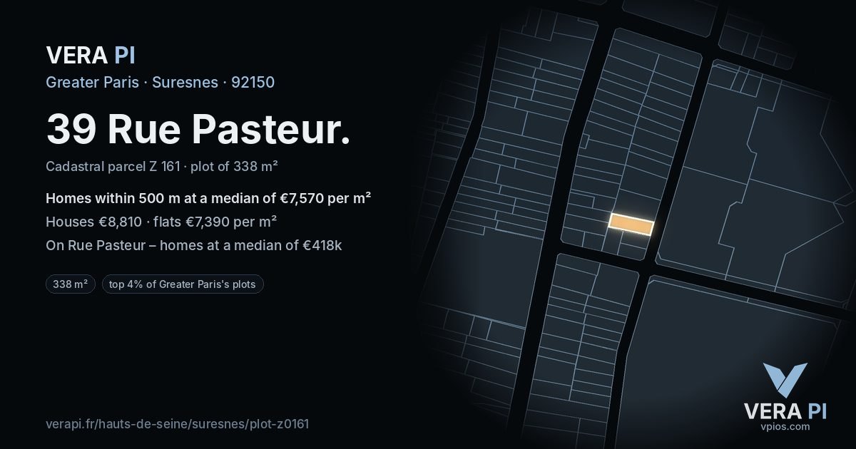 39 Rue Pasteur, Suresnes at night – the plot lit, the parcels around coloured by the prices near them