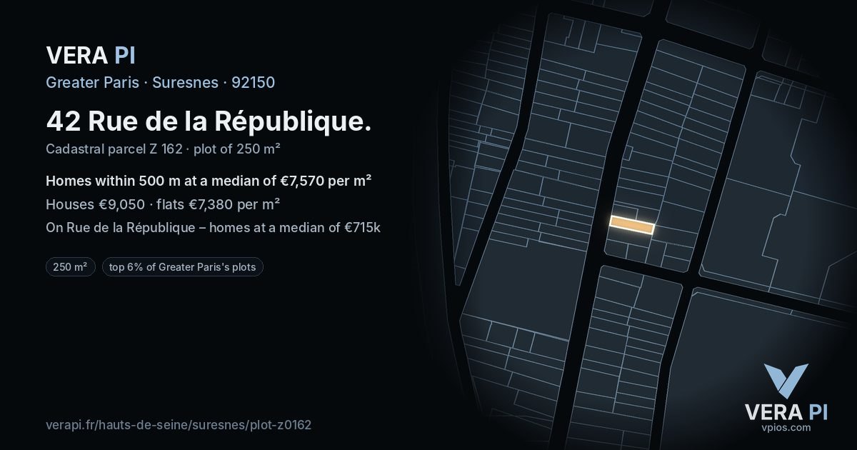 42 Rue de la République, Suresnes at night – the plot lit, the parcels around coloured by the prices near them