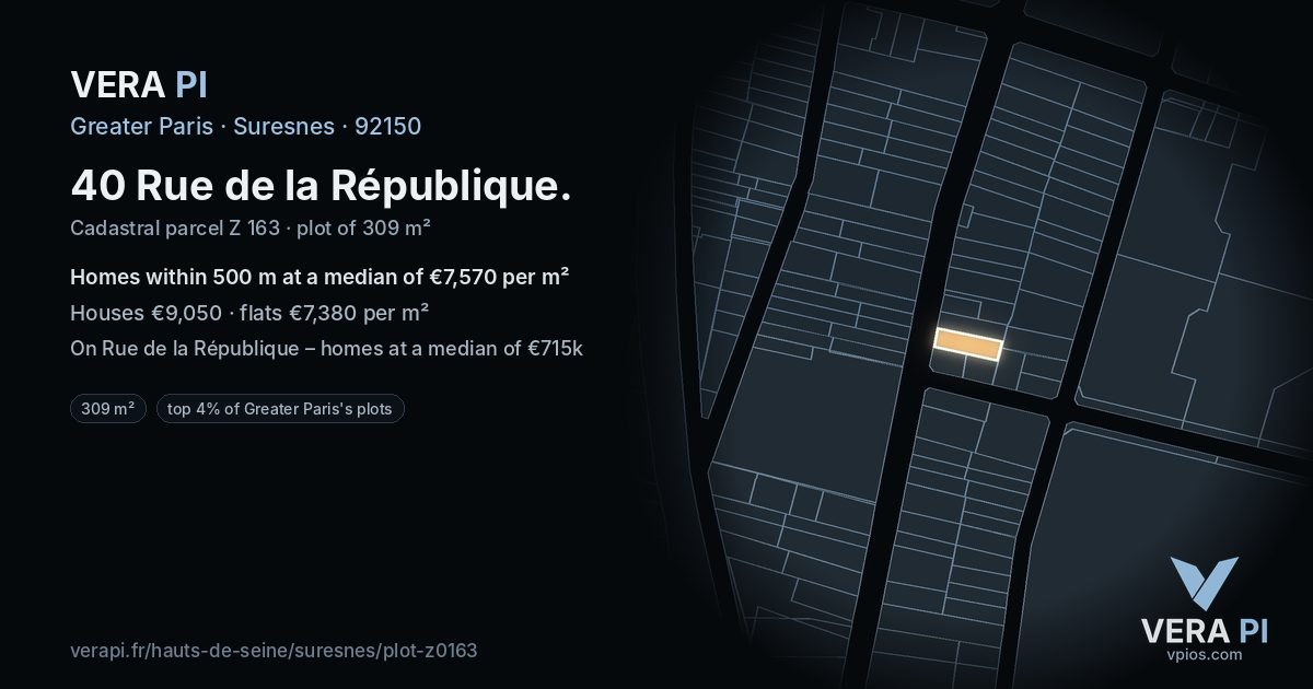 40 Rue de la République, Suresnes at night – the plot lit, the parcels around coloured by the prices near them