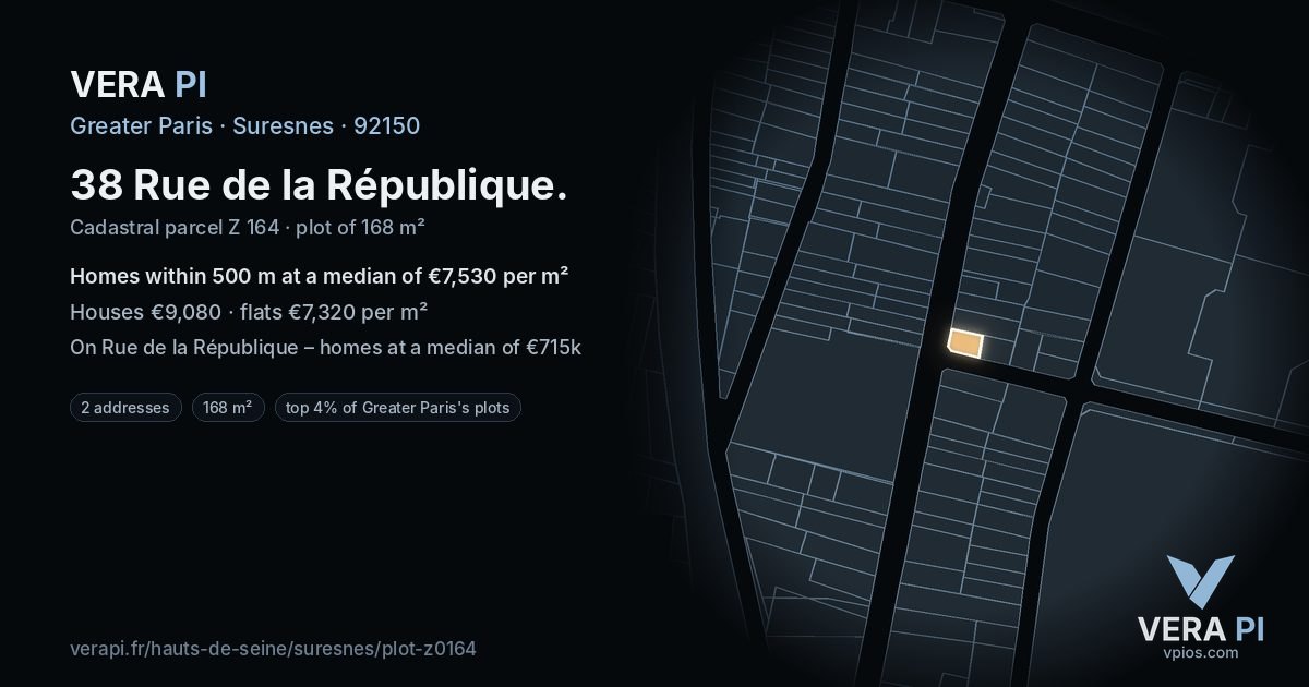 38 Rue de la République, Suresnes at night – the plot lit, the parcels around coloured by the prices near them