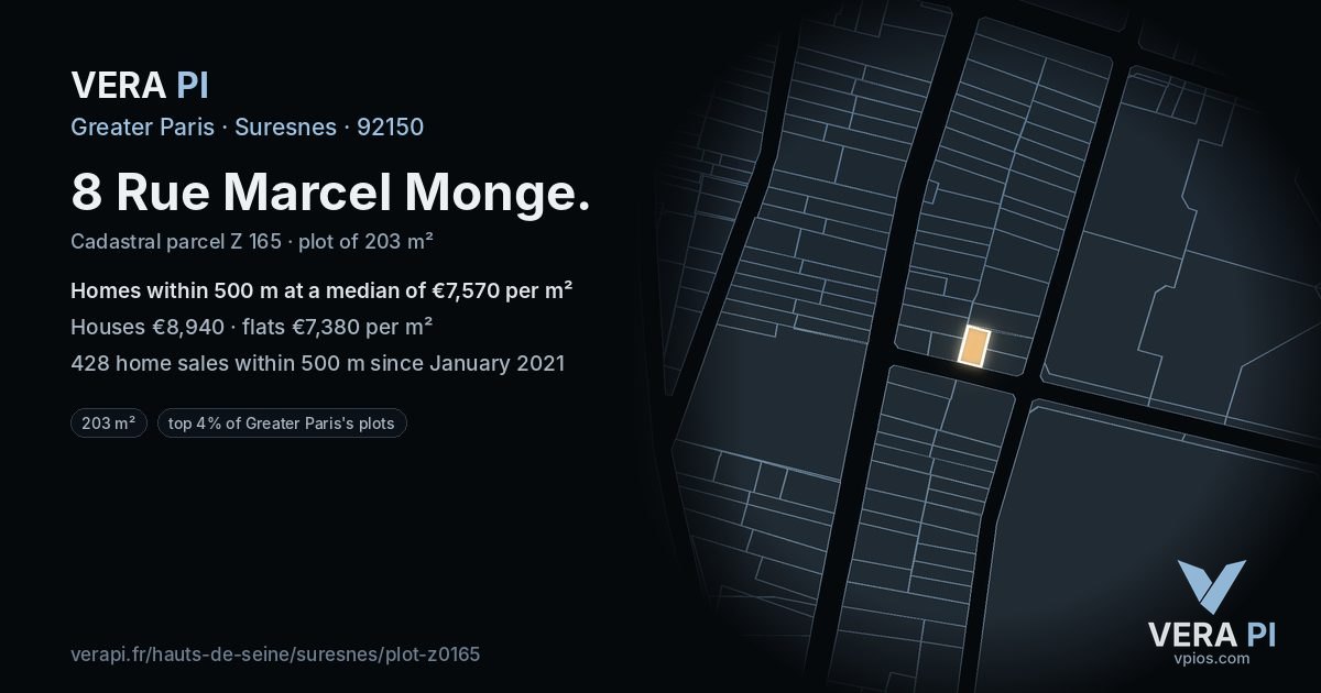 8 Rue Marcel Monge, Suresnes at night – the plot lit, the parcels around coloured by the prices near them