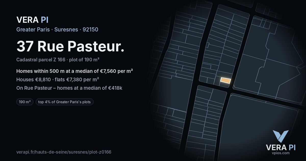 37 Rue Pasteur, Suresnes at night – the plot lit, the parcels around coloured by the prices near them