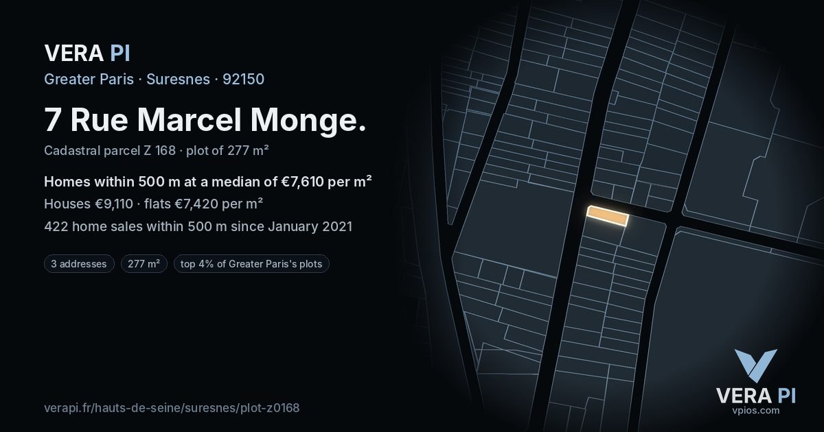 7 Rue Marcel Monge, Suresnes at night – the plot lit, the parcels around coloured by the prices near them