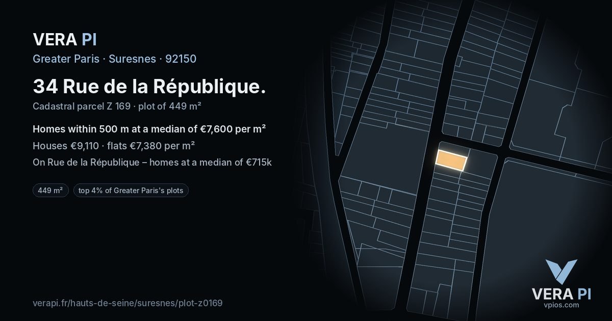 34 Rue de la République, Suresnes at night – the plot lit, the parcels around coloured by the prices near them