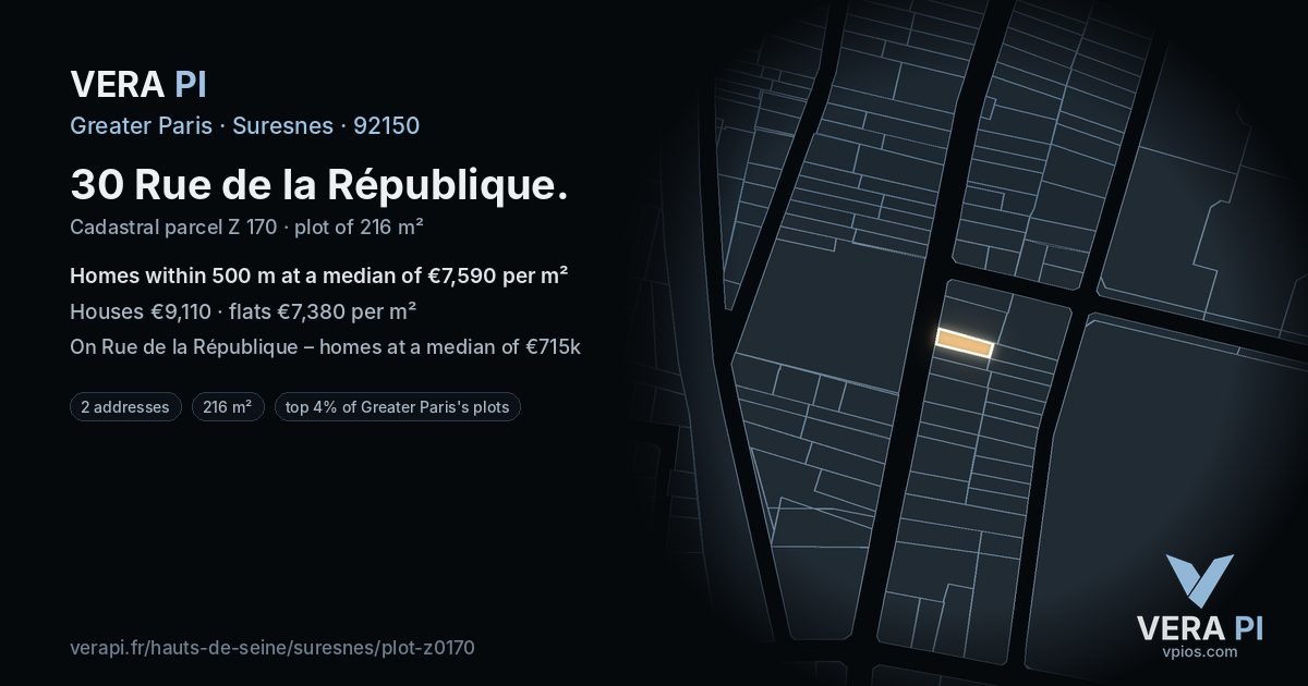 30 Rue de la République, Suresnes at night – the plot lit, the parcels around coloured by the prices near them