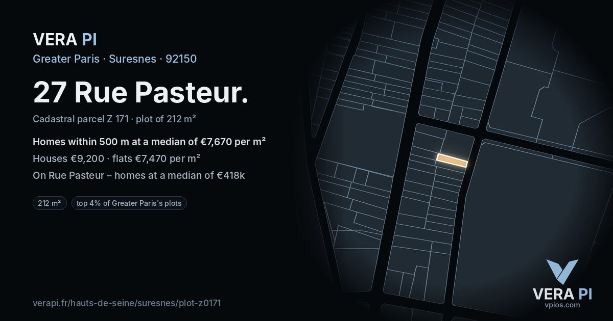 27 Rue Pasteur, Suresnes at night – the plot lit, the parcels around coloured by the prices near them