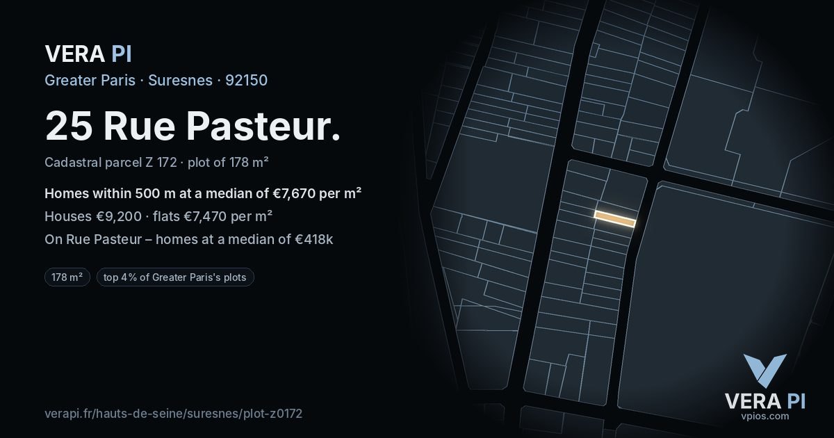 25 Rue Pasteur, Suresnes at night – the plot lit, the parcels around coloured by the prices near them