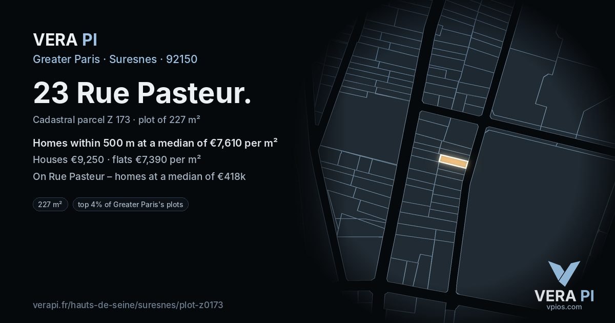 23 Rue Pasteur, Suresnes at night – the plot lit, the parcels around coloured by the prices near them