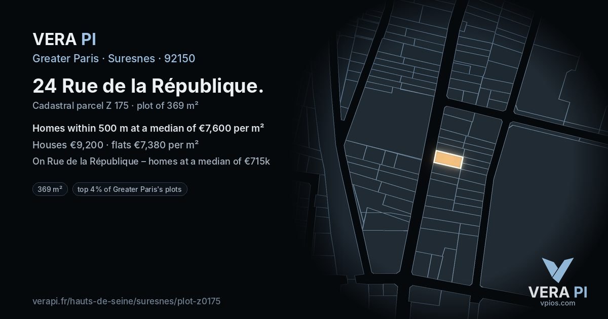 24 Rue de la République, Suresnes at night – the plot lit, the parcels around coloured by the prices near them