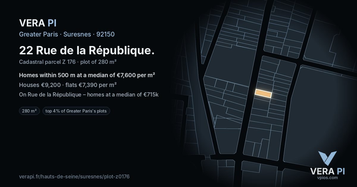 22 Rue de la République, Suresnes at night – the plot lit, the parcels around coloured by the prices near them