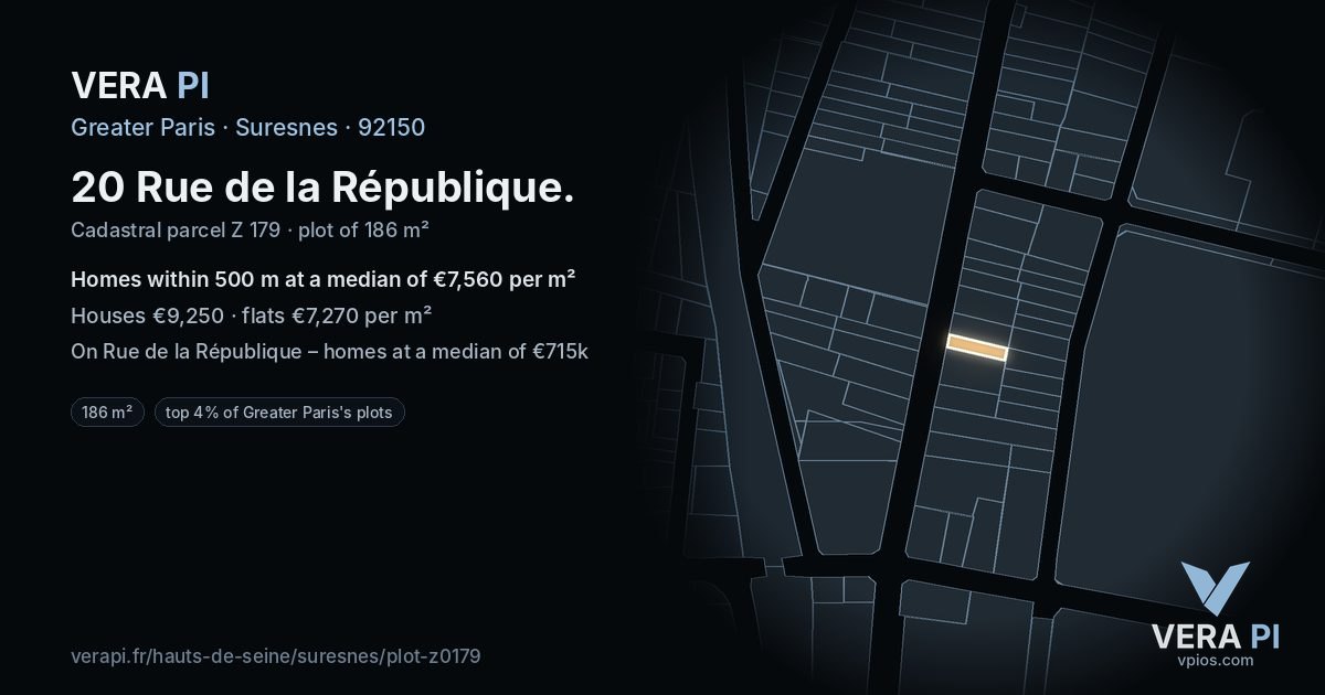 20 Rue de la République, Suresnes at night – the plot lit, the parcels around coloured by the prices near them
