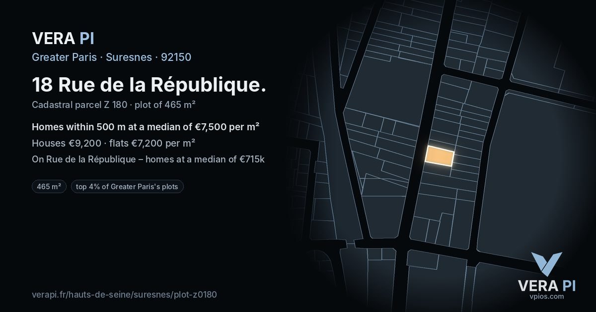 18 Rue de la République, Suresnes at night – the plot lit, the parcels around coloured by the prices near them
