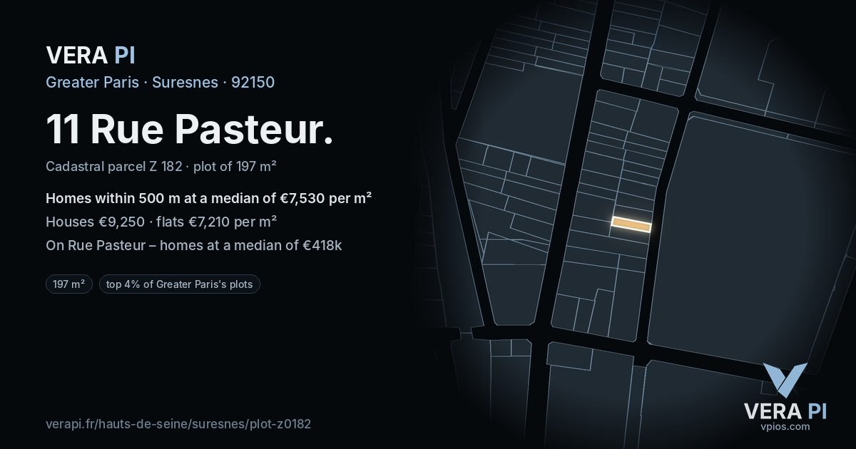 11 Rue Pasteur, Suresnes at night – the plot lit, the parcels around coloured by the prices near them