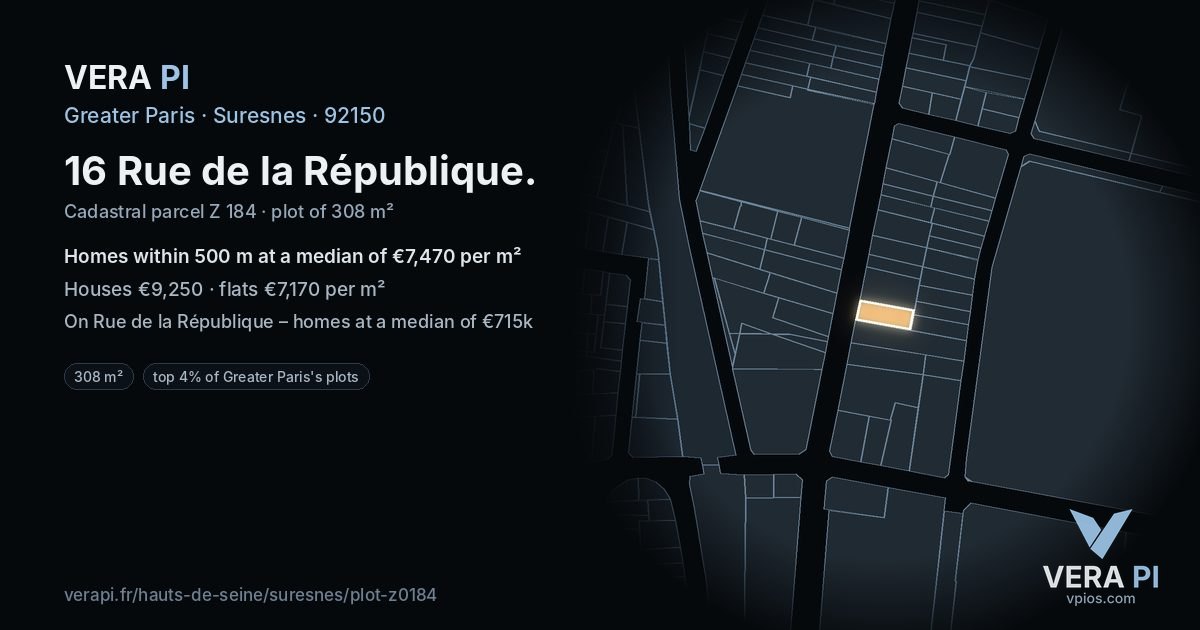 16 Rue de la République, Suresnes at night – the plot lit, the parcels around coloured by the prices near them