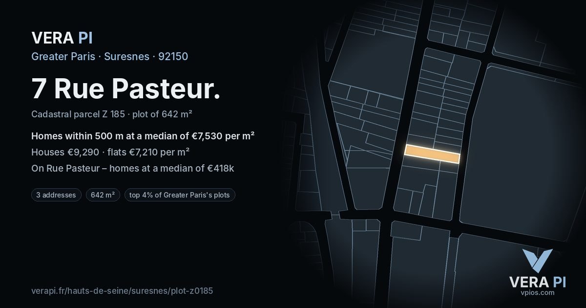 7 Rue Pasteur, Suresnes at night – the plot lit, the parcels around coloured by the prices near them