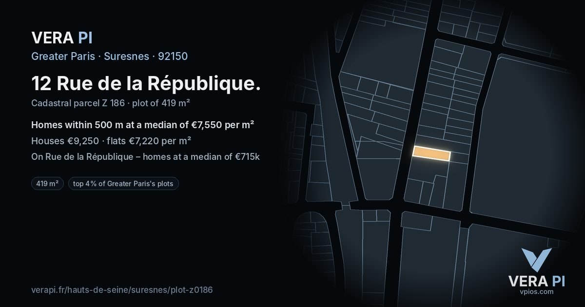 12 Rue de la République, Suresnes at night – the plot lit, the parcels around coloured by the prices near them
