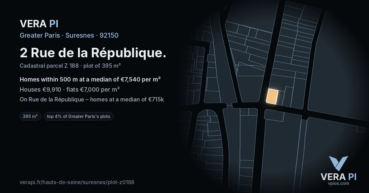 2 Rue de la République, Suresnes at night – the plot lit, the parcels around coloured by the prices near them