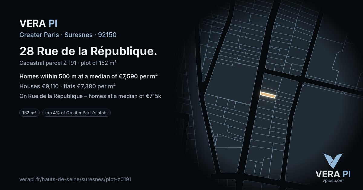 28 Rue de la République, Suresnes at night – the plot lit, the parcels around coloured by the prices near them
