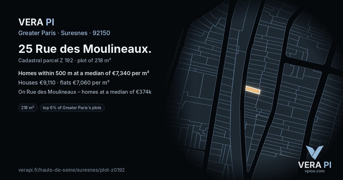 25 Rue des Moulineaux, Suresnes at night – the plot lit, the parcels around coloured by the prices near them
