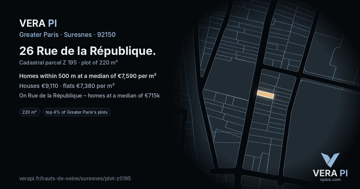 26 Rue de la République, Suresnes at night – the plot lit, the parcels around coloured by the prices near them