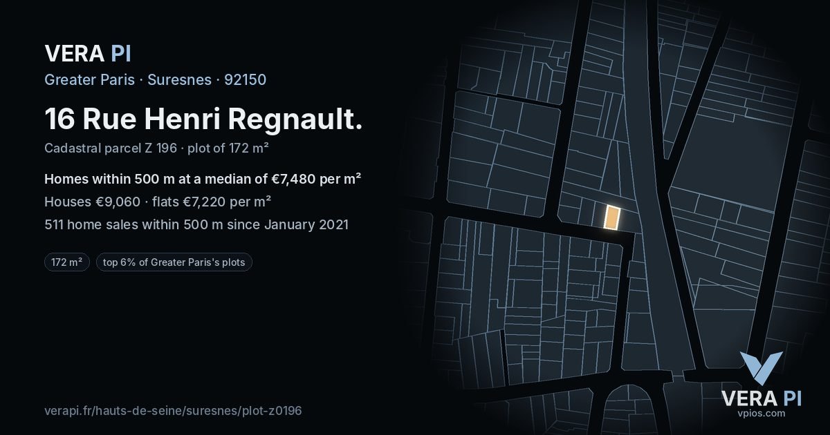 16 Rue Henri Regnault, Suresnes at night – the plot lit, the parcels around coloured by the prices near them