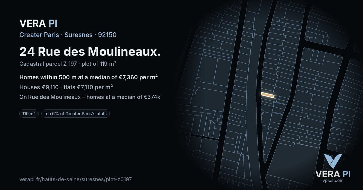 24 Rue des Moulineaux, Suresnes at night – the plot lit, the parcels around coloured by the prices near them