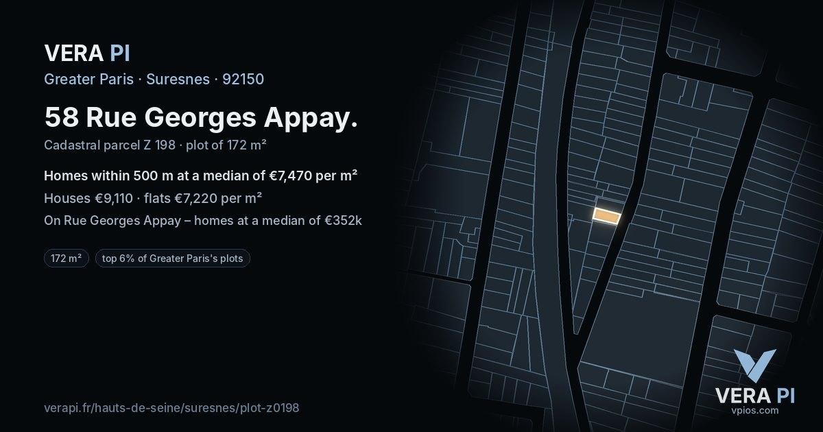 58 Rue Georges Appay, Suresnes at night – the plot lit, the parcels around coloured by the prices near them