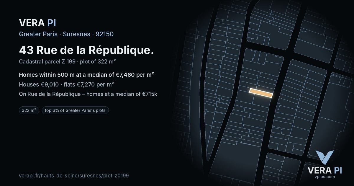 43 Rue de la République, Suresnes at night – the plot lit, the parcels around coloured by the prices near them
