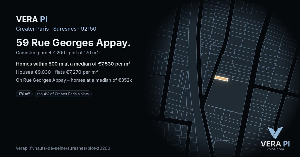 59 Rue Georges Appay, Suresnes at night – the plot lit, the parcels around coloured by the prices near them