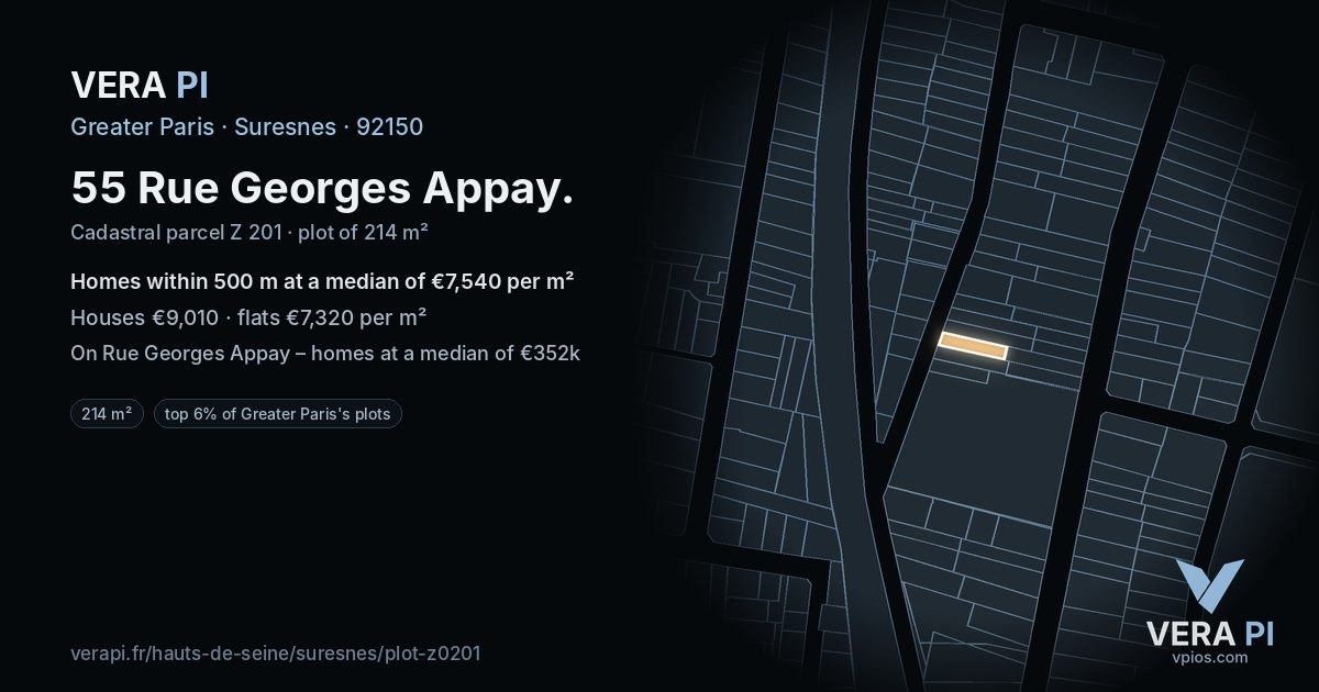 55 Rue Georges Appay, Suresnes at night – the plot lit, the parcels around coloured by the prices near them