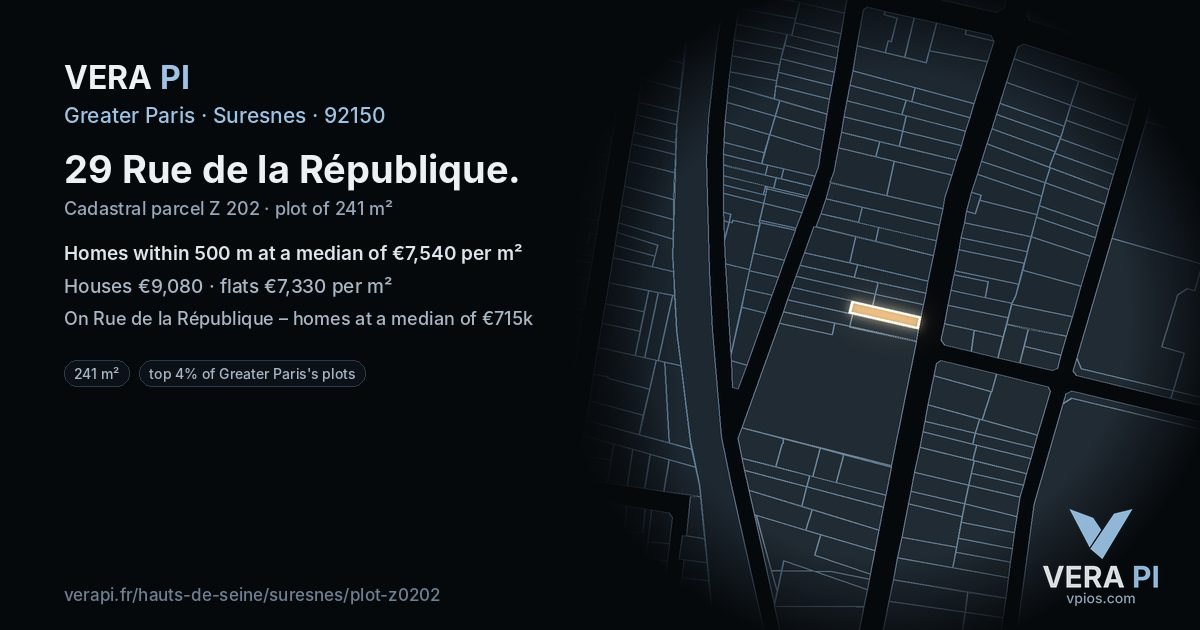 29 Rue de la République, Suresnes at night – the plot lit, the parcels around coloured by the prices near them