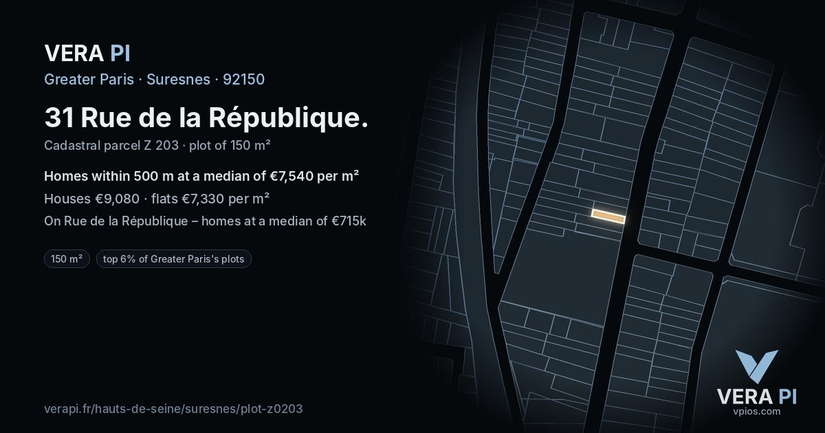 31 Rue de la République, Suresnes at night – the plot lit, the parcels around coloured by the prices near them