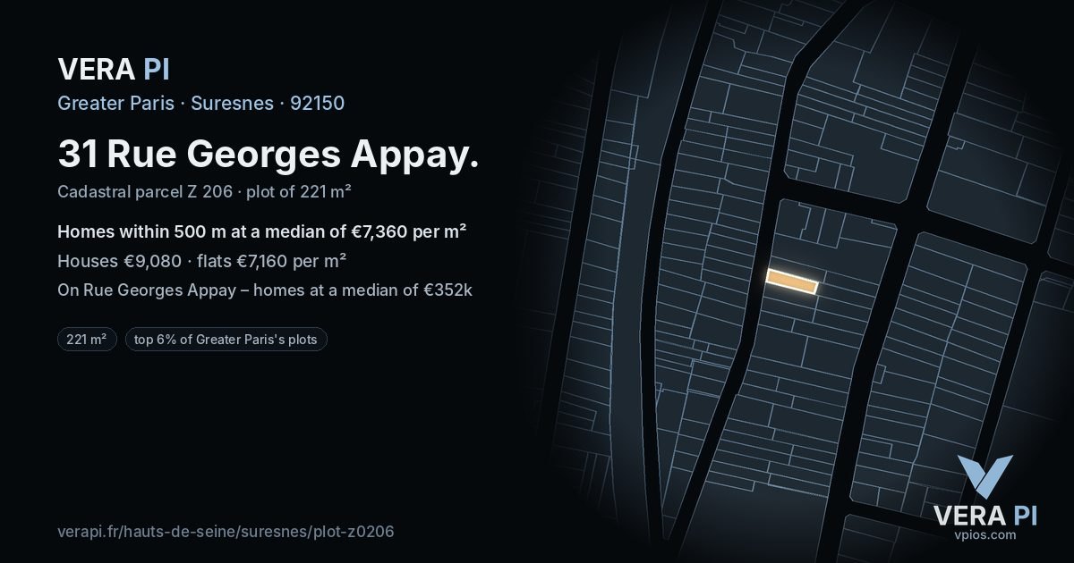 31 Rue Georges Appay, Suresnes at night – the plot lit, the parcels around coloured by the prices near them