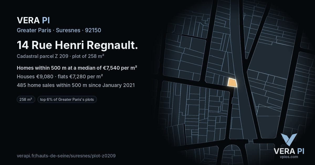 14 Rue Henri Regnault, Suresnes at night – the plot lit, the parcels around coloured by the prices near them