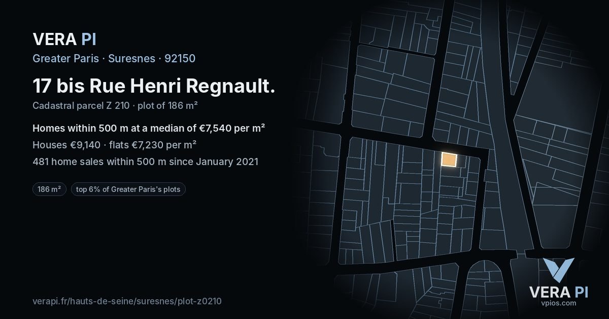 17 bis Rue Henri Regnault, Suresnes at night – the plot lit, the parcels around coloured by the prices near them