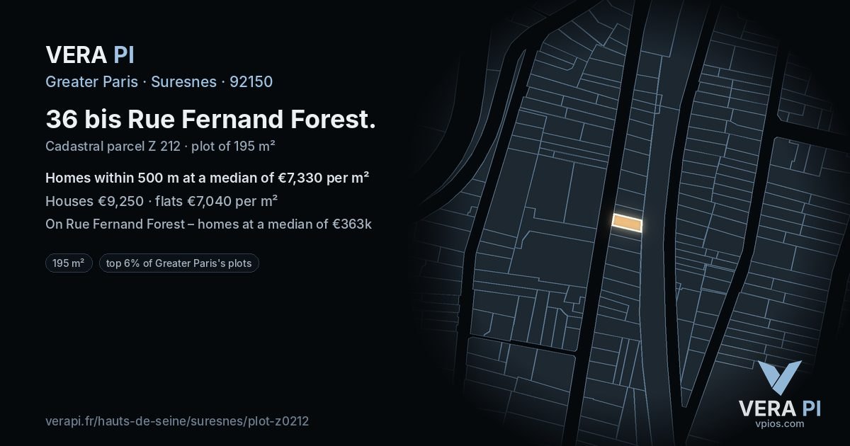 36 bis Rue Fernand Forest, Suresnes at night – the plot lit, the parcels around coloured by the prices near them