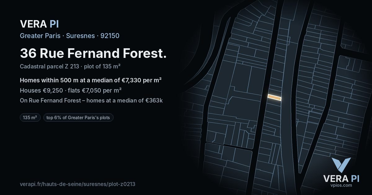 36 Rue Fernand Forest, Suresnes at night – the plot lit, the parcels around coloured by the prices near them