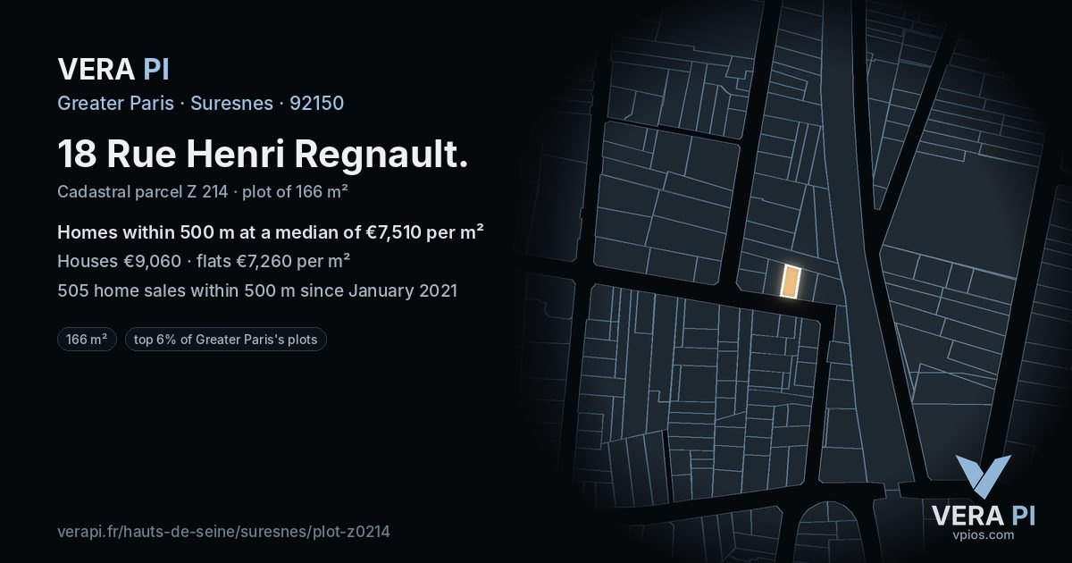 18 Rue Henri Regnault, Suresnes at night – the plot lit, the parcels around coloured by the prices near them