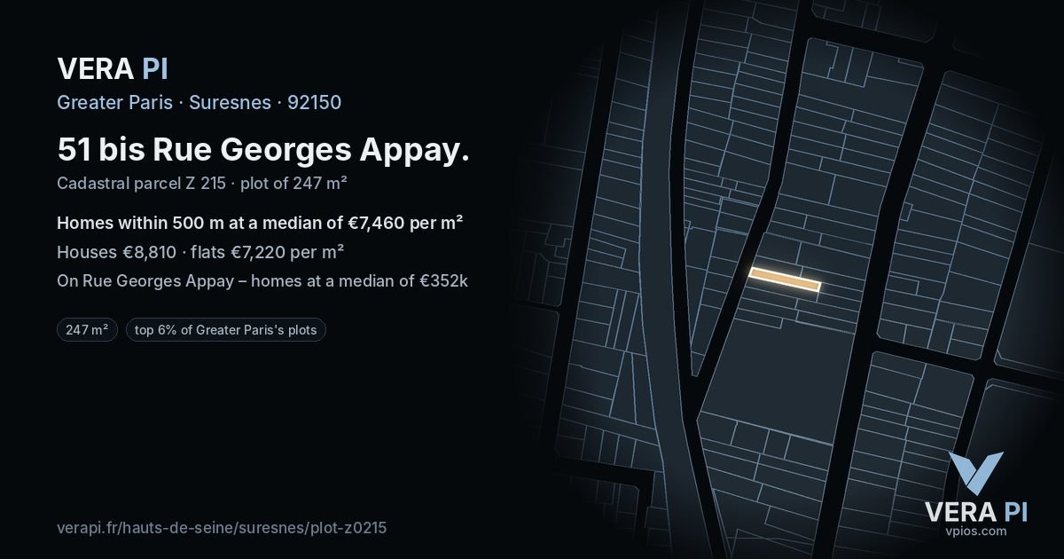 51 bis Rue Georges Appay, Suresnes at night – the plot lit, the parcels around coloured by the prices near them