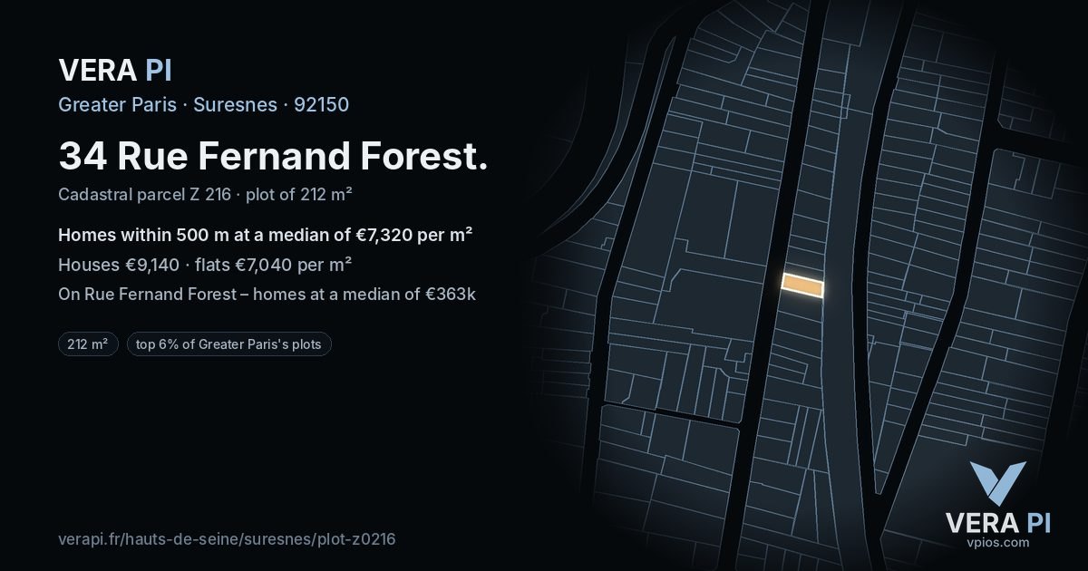 34 Rue Fernand Forest, Suresnes at night – the plot lit, the parcels around coloured by the prices near them
